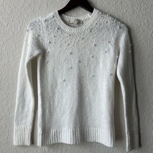 LOFT Petites Elegant White Sweater with Pearl Accents